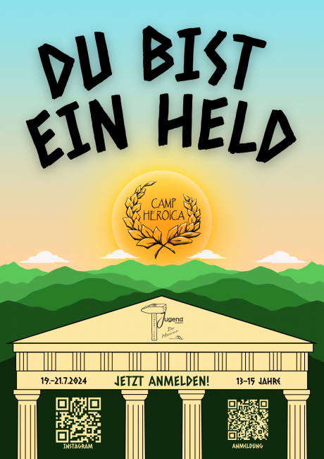 Flyer Mottofreizeit Camp Heroica mit Schrift "Du bist ein Held" auf einem Hintergrund im Sonnenuntergang