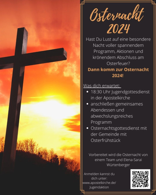 Flyer Osternacht - Links ein Kreuz im Sonnenaufgang, rechts Informationen zur Osternacht